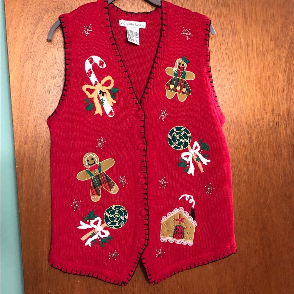 Red Christmas Sweater Vest Beaded Appliqués Victoria Jones